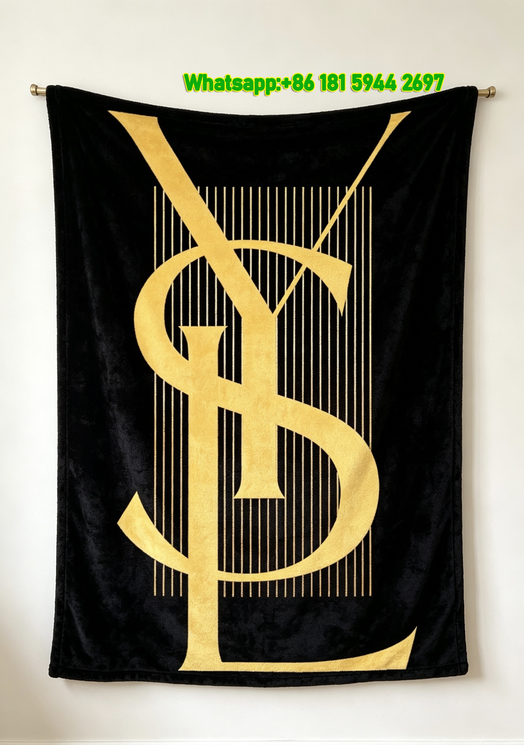 Yves Saint Laurent YSL Black and Gold Art Deco Logo Printed Fleece Throw Blanket IMG_3200